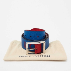 Pre Owned حزام لوي فيتون نيو واف  جلد تاوريليون أزرق/أحمر مزين شعار الماركة ذو وجهين بإبزيم 90 سم