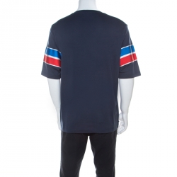 Pre Owned Louis Vuitton Dark Blue Cotton Logo Embroidered Striped Sleeve T Shirt XXL