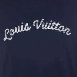 Pre Owned Louis Vuitton Dark Blue Cotton Logo Embroidered Striped Sleeve T Shirt XXL