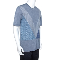 Pre Owned Louis Vuitton Pale Blue Patched Cotton Stitch Detail T-Shirt L