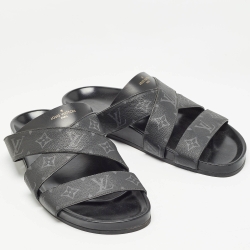 Pre Owned Louis Vuitton Black Monogram Leather Mirabeau Flat Slides Size 43 