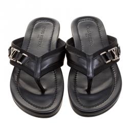 Pre Owned Louis Vuitton Black Fabric and Leather Hamptons Thong Sandals Size 44