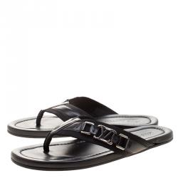 Pre Owned Louis Vuitton Black Fabric and Leather Hamptons Thong Sandals Size 44