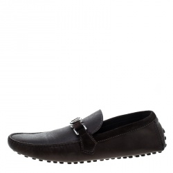 Pre Owned Louis Vuitton Brown Leather and Suede Trim Hockenheim Moccasins Size 43
