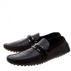 Pre Owned Louis Vuitton Brown Leather and Suede Trim Hockenheim Moccasins Size 43