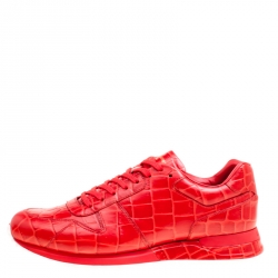 مملوكة مسبقًا Louis Vuitton Red Croc Embossed Leather Run Away Platform Sneakers Size 41.5