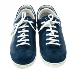 Louis Vuitton Blue Leather and Suede Damier Trimmed Detail Lace Up Sneakers Size 43 