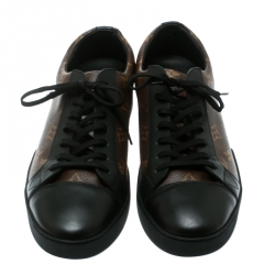 Pre Owned Louis Vuitton Brown/Black Monogram Canvas and Leather Match Up Low Top Sneakers Size 43