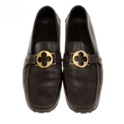 مملوكة مسبقًا Louis Vuitton Brown Embossed Leather Flower Logo Loafers Size 42