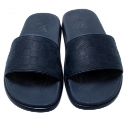 Pre Owned Louis Vuitton Blue Damier Embossed Rubber Waterfront Flat Slides Size 42.5