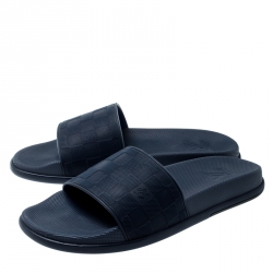 Pre Owned Louis Vuitton Blue Damier Embossed Rubber Waterfront Flat Slides Size 42.5