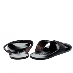 Pre Owned Louis Vuitton Blue Canvas And Brown Leather Trim Cross Strap Flat Slides Size 42.5