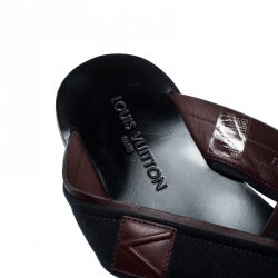 Pre Owned Louis Vuitton Blue Canvas And Brown Leather Trim Cross Strap Flat Slides Size 42.5