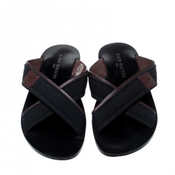 Pre Owned Louis Vuitton Blue Canvas And Brown Leather Trim Cross Strap Flat Slides Size 42.5