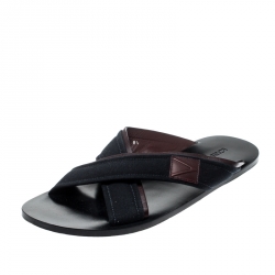 Pre Owned Louis Vuitton Blue Canvas And Brown Leather Trim Cross Strap Flat Slides Size 42.5