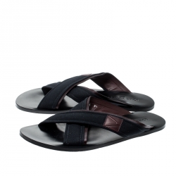Pre Owned Louis Vuitton Blue Canvas And Brown Leather Trim Cross Strap Flat Slides Size 42.5