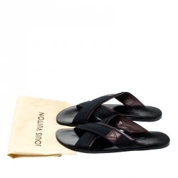 Pre Owned Louis Vuitton Blue Canvas And Brown Leather Trim Cross Strap Flat Slides Size 42.5