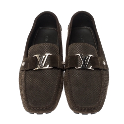 Louis Vuitton Seaweed Green Suede Damier Ebene Check Monte Carlo Loafers Size 44.5