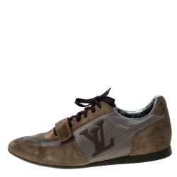 Louis Vuitton Grey/Olive Green Canvas and Suede Logo Velcro Strap Sneakers Size 42