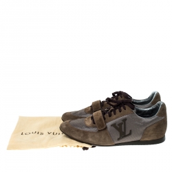 Louis Vuitton Grey/Olive Green Canvas and Suede Logo Velcro Strap Sneakers Size 42