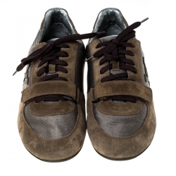 Louis Vuitton Grey/Olive Green Canvas and Suede Logo Velcro Strap Sneakers Size 42