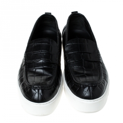 Pre Owned Louis Vuitton Black Croc Embossed Leather Slip On Sneakers Size 45