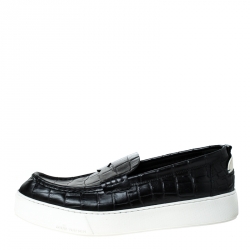Pre Owned Louis Vuitton Black Croc Embossed Leather Slip On Sneakers Size 45