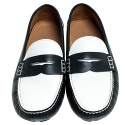 Pre Owned Louis Vuitton Blue/White Leather Shade Penny Loafers Size 44