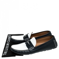 Pre Owned Louis Vuitton Blue/White Leather Shade Penny Loafers Size 44