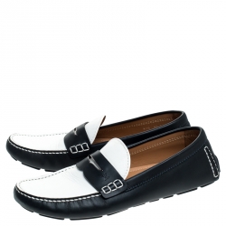 Pre Owned Louis Vuitton Blue/White Leather Shade Penny Loafers Size 44