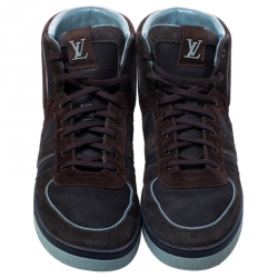 Pre Owned Louis Vuitton Multicolor Leather and Suede Lace Up High Top Sneakers Size 44.5