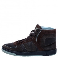 Pre Owned Louis Vuitton Multicolor Leather and Suede Lace Up High Top Sneakers Size 44.5