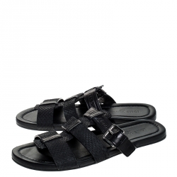 Pre Owned Louis Vuitton Black Python And Leather Slip On Flat Sandals Size 42