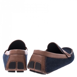 Pre Owned Louis Vuitton Blue Denim And Brown Leather Penny Loafers Size 43