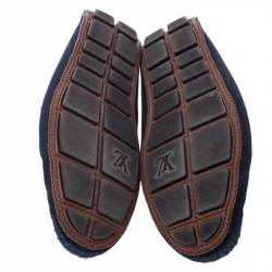 Pre Owned Louis Vuitton Blue Denim And Brown Leather Penny Loafers Size 43