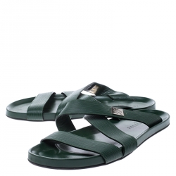 Pre Owned Louis Vuitton Green Epi Leather Pioneer Cross Strap Flat Slides Size 43