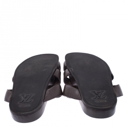 Pre Owned Louis Vuitton Brown Textured Leather Cross Strap Flat Slides Size 42.5