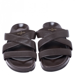 Pre Owned Louis Vuitton Brown Textured Leather Cross Strap Flat Slides Size 42.5