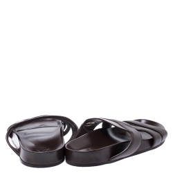 Pre Owned Louis Vuitton Brown Textured Leather Cross Strap Flat Slides Size 42.5