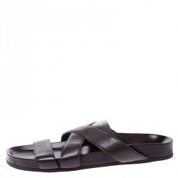 Pre Owned Louis Vuitton Brown Textured Leather Cross Strap Flat Slides Size 42.5