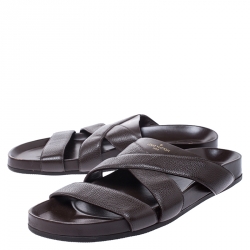 Pre Owned Louis Vuitton Brown Textured Leather Cross Strap Flat Slides Size 42.5