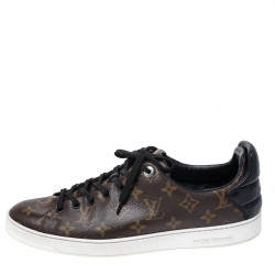 Pre Owned Louis Vuitton Brown Monogram Canvas and Black Leather Frontrow Low Top Sneakers Size 43