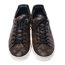 Pre Owned Louis Vuitton Brown Monogram Canvas and Black Leather Frontrow Low Top Sneakers Size 43