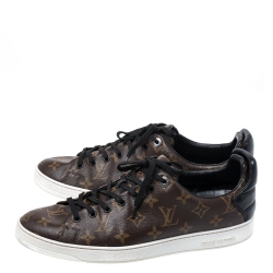Pre Owned Louis Vuitton Brown Monogram Canvas and Black Leather Frontrow Low Top Sneakers Size 43
