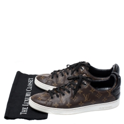 Pre Owned Louis Vuitton Brown Monogram Canvas and Black Leather Frontrow Low Top Sneakers Size 43
