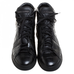 Louis Vuitton Black Croc Embossed Leather Lace High Top Sneakers Size 43