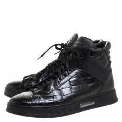 Louis Vuitton Black Croc Embossed Leather Lace High Top Sneakers Size 43
