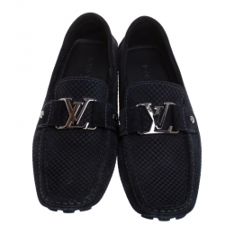 Pre Owned Louis Vuitton Blue Petit Damier Monte Carlo Suede Loafers Size 41.5