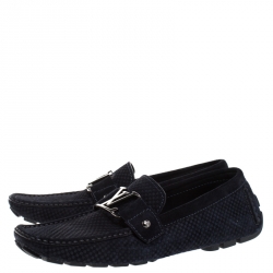 Pre Owned Louis Vuitton Blue Petit Damier Monte Carlo Suede Loafers Size 41.5