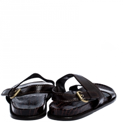 Pre Owned Louis Vuitton Brown Croc And Leather Flat Sandals Size 44.5